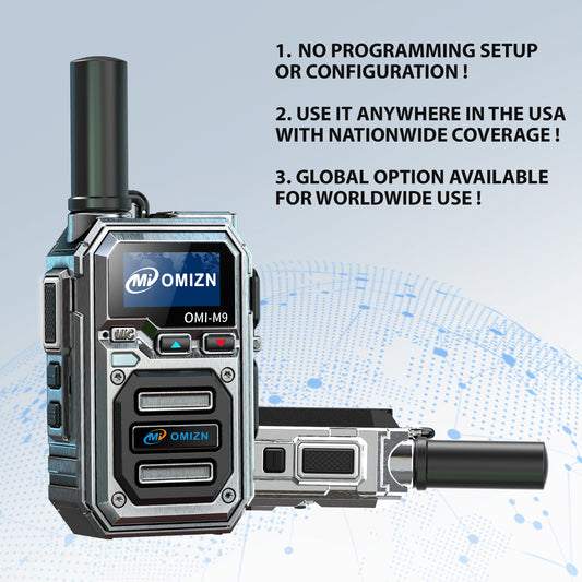 Walkie-talkie OMIZN Global, modelo M9, compatible con comunicación de larga distancia (más de 5000 km) a nivel nacional y sin necesidad de suscripción.